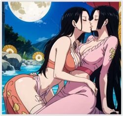 2girls 2milfs 2women ai_generated boa_hancock clothing female female_only flirting girl_on_girl guloyu84 kissing lesbian_couple lesbian_kiss lesbian_sex lovers nico_robin one_piece yuri