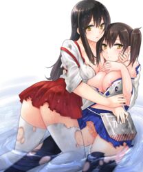 2girls akagi_(kantai_collection) areola_slip areolae ass asymmetrical_hair black_legwear blue_skirt breast_press breasts brown_hair burnt_clothes erection erection_under_clothes fukuroumori futanari gradient_background hair hair_between_eyes hakama hand_on_own_chest intersex japanese_clothes kaga_(kantai_collection) kantai_collection large_breasts long_hair looking_at_viewer lying_on_person miniskirt multiple_girls parted_lips partially_submerged penis pleated_skirt red_skirt short_hair side_ponytail sisters skirt thighhighs torn_clothes wet wet_clothes white_legwear yellow_eyes