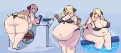 ass ass_focus bbw belly belly_focus belly_overhang big_belly big_breasts big_butt big_thighs bikini bikini_bottom bikini_top blush breasts_bigger_than_head burp burping cynthia_(pokemon) eating eating_food fat fat_ass fat_belly fat_butt fat_woman huge_belly huge_breasts large_belly large_breasts large_butt large_thighs maniacalfork pokemon pokemon_dppt weight_gain wobble