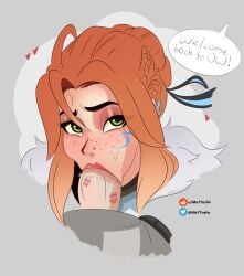 1boy 1girls armor blowjob blush braided_hair freckles freja_(overwatch) green_eyes lips lipstick lipstick_mark lipstick_on_penis mett_04 overwatch overwatch_2 red_hair reinhardt speech_bubble white_skin