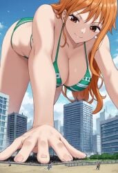 ai_generated big_breasts bikini brown_eyes city giant_ass giant_breasts giantess long_legs nami nami_(one_piece) one_piece orange_hair thick_thighs thighs