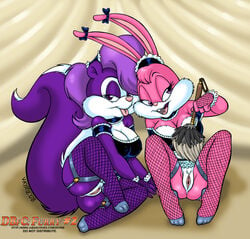 2008 anthro babs_bunny cleavage clothes feather_duster female female_only fifi_la_fume fur furry furry_ears furry_tail holding long_ears looking_at_viewer mammal multiple_females mustelid purple_fur pussy rabbit round_ears sitting skunk smile tagme tail tiny_toon_adventures uncensored vkyrie