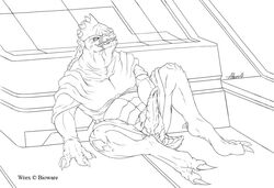 anthro athus erect_penis furry holding_penis krogan male male_only mass_effect monochrome reptile reptile_penis scar scars scars_on_face sitting solo urdnot_wrex