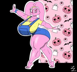 barefoot black_background chowder_(series) huge_breasts hyper_breasts hyper_thighs overalls panini panini_(chowder) pink_eyes pink_fur