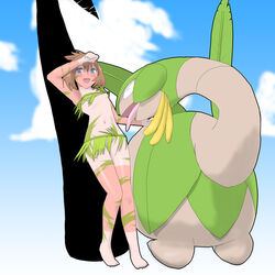 1girls bad_hands bikini blue_eyes blush bodypaint breasts brown_hair fangs female grass_skirt human leaf leaf_bikini leaf_clothing leaves may_(pokemon) navel nintendo no_bandana no_bra no_panties plant_bikini plant_clothing pokemon pokemon_(manga) pokemon_adventures pokemon_rse pokephilia sapphire_birch_(pokemon) short_hair straight_hair swimsuit tan tanline tropius