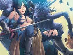 blue_hair breast_grab breasts color crusader crusader_(ragnarok_online) dark_matrix female imminent_rape monster monster_girl moonshell multiple_girls nipples ragnarok_online sword torn_clothes weapon yuri