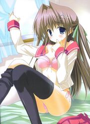 blue_eyes brown_hair cute moe pink_bra pink_panties pink_skirt school_uniform skirt_removed tagme thighhigh unbuttoned