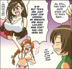 3girls aerith_gainsborough angry bare_shoulders blush braid breast_envy breast_lift breast_press breast_rest breasts brown_eyes brown_hair cleavage closed_eyes comic earrings english female final_fantasy final_fantasy_vii fingerless_gloves gloves green_eyes hair_ribbon hard_translated human jewelry long_hair ookura_kazuya open_mouth panties pointing ribbon short_hair sleeveless sleeveless_turtleneck speech_bubble straight_hair sweatdrop tifa_lockhart topless translated turtleneck underwear yuffie_kisaragi