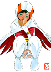 1girls artist_request boots breasts female fingering gatchaman gloves green_eyes green_hair helmet human jun_the_swan large_breasts light-skinned_female light_skin masturbation panties pussy pussy_juice saliva skirt superheroine visor