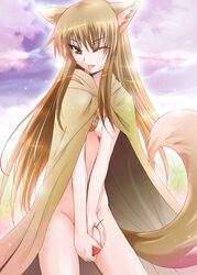 1girls animal_ears apple apples blush brown_hair cape food fruit holo long_hair naked_cape nude red_eyes shiroi_noria spice_and_wolf tail tongue wink wolf_ears