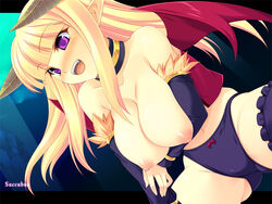 blonde_hair blush breasts cute demon_girl detached_sleeves fangs horns kinoshita_ichi large_breasts nipples panties pointy_ears purple_eyes ragnarok_online smile spread_legs succubus succubus_(ragnarok_online) thighhighs topless underwear wings