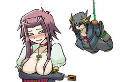 akiza_izinski black_hair blush bondage breasts card choker elbow_gloves facial_mark female fingerless_gloves gloves holding holding_card human izayoi_aki jewelry necklace red_hair short_hair topless yellow_eyes yu-gi-oh! yu-gi-oh!_5d's yusei_fudo