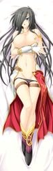 bed black_hair black_panties blue_eyes blush breasts dakimakura elbow_gloves eushully fingerless_gloves gloves hair_over_one_eyes hatozuki_tsumiki ikusa_megami_zero large_breasts luna_clia lying mound_of_venus panties panty_pull skirt thigh_band thigh_strap topless underwear