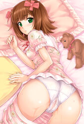 1girls ass bow brown_hair from_above green_eyes hairbow hidebou idolmaster looking_back looking_up pajamas panties pants_pull plush pussy_juice short_hair stuffed_animal stuffed_toy teddy_bear top-down_bottom-up underwear wet_panties white_panties