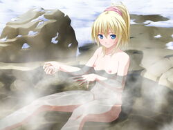 blonde_hair blue_eyes bottomless breasts flat_chest fuyu_no_rondo game_cg highres marie_lumiaula nipples nude onsen ponytail pouring sitting smile snow steam tied_hair topless wet yasuyuki