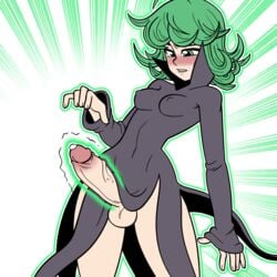 1futa biting_lip black_dress blush bottomless breasts covered_nipples dress futa_only futanari glowing green_eyes green_hair hands-free high_collar intersex looking_down no_panties one-punch_man penis precum psychic psychic_powers shamefuldisplay short_hair simple_background solo tatsumaki telekinesis testicles veins