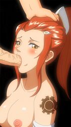 1boy 1girls 2d 2d_animation animated blizzard_entertainment blush breasts brigitte brigitte_lindholm fantasyblade fellatio female gif looking_at_viewer male medium_breasts nipples oral overwatch overwatch_2 penis ponytail red_hair sex straight sucking tattoo