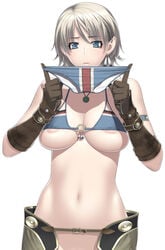 areola areolae armlet bangs bikini bikini_top blonde_hair blue_eyes breasts chaps cleavage demento earrings elbow_gloves fiona_belli gloves haunting_ground jewelry kansuke micro_bikini navel necklace nipple_slip nipples o-ring_top short_hair swimsuit underboob