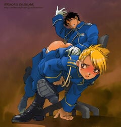 ass black_hair blonde_hair blush boots brown_eyes chair female fullmetal_alchemist gloves human male military military_uniform panties pants_down pants_pull panty_down panty_pull restrained riza_hawkeye roy_mustang shibata_masahiro spanked spanking straight underwear uniform