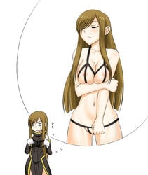 areola_slip areolae bikini breast_hold breasts brown_hair closed_eyes covering covering_crotch crotchless_swimsuit dream dreaming dual_persona female female_only hair_over_one_eyes imagining long_hair micro_bikini multiple_girls pointy_chin shunzou swimsuit tales_of_(series) tales_of_the_abyss tear_grants thinking