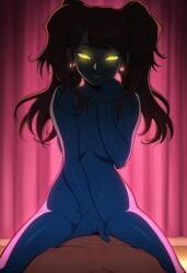 1female afrobull_(style) ai_art ai_generated blue_skin breasts creepy evil_smile glowing_eyes kujikawa_rise looking_at_viewer nude nude_female persona persona_4 pink_hair sex_with_viewer shadow_rise smug solo straight straight_sex transformation yellow_eyes