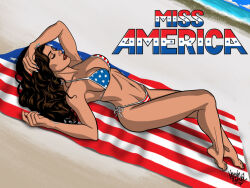 1girls 2017 america_chavez american_flag_bikini beach big_breasts bikini breasts dark-skinned_female dark_skin female latina marvel mistahmahvel on_back solo