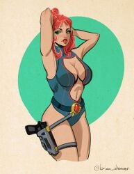 brian_shearer marvel marvel_comics black_widow_(marvel) natasha_romanoff avengers pinup pinup_pose swimsuit revealing_swimsuit red_hair redhead green_eyes arms_up armpits gun firearm gun_holster holster holstered_weapon thick_thighs thighs exposed_midriff breasts big_breasts belt straps belly_button navel navel_cutout cleavage_cutout cleavage hips hourglass_figure hourglass_figured_female