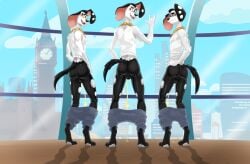 101_dalmatian_street 101_dalmatians aged_up anthro anthrofied backsack balls big_ben bodily_fluids bottomwear bottomwear_down brother brothers butt canid canine canis chain chain_necklace clothed clothing dal101strefan dalmatian digital_media_(artwork) dimitri_1_(101_dalmatians) dimitri_2_(101_dalmatians) dimitri_3_(101_dalmatians) dimitri_trio_(101_dalmatians) disney domestic_dog exhibitionism feet fingers fur genital_fluids genitals gesture gold_(metal) gold_chain graffiti graffiti_on_wall group hand_gesture hi_res jewelry london london_eye looking_back male male_only male_peeing mammal markings necklace open_mouth pants pants_down partially_clothed peeing peeing_on_ground public public_exposure rear_view shirt sibling smile spots spotted_body standing tail tank_top teeth toes topwear trio triplets urine urine_on_ground urine_stream watersports