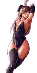 1boy animal_ears armpits arms_behind_head blush bunny_ears erection erection_under_clothes highres kuma8132 long_hair male muscle nikurotsuchi_hoshi smile thighhighs trap