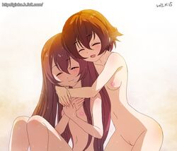 2girls bare_shoulders blush brown_hair closed_eyes colored female ginko_(silver_fox) hug hug_from_behind kantai_collection kisaragi_(kantai_collection) long_hair multiple_girls mutsuki_(kantai_collection) nipples nude open_mouth pink_hair pussy short_hair small_breasts smile sweatdrop watermark yuri