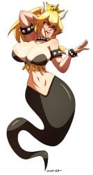 1girls 2d arm_behind_head artist_name bare_navel bare_stomach big_breasts bowsette breasts busty choker color colored commission covered_nipples crown curvaceous curvy curvy_figure dancer dancer_outfit digital_media_(artwork) eyes_open female female_only front_view genie genie_tail genie_transformation horns hypno_eyes hypnosis large_breasts light-skinned_female light_skin long_hair looking_at_viewer mario_(series) navel new_super_mario_bros._u_deluxe nintendo no_background ono-fire post-transformation spiked_choker super_crown super_mario_bros. transformation voluptuous