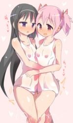 2girls akemi_homura black_hair blush female gedou_danshaku hair_ribbon hug long_hair madoka_kaname mahou_shoujo_madoka_magica multiple_girls one-piece_swimsuit open_mouth pink_hair purple_eyes red_eyes ribbon short_twintails swimsuit tied_hair twintails very_long_hair white_swimsuit yuri