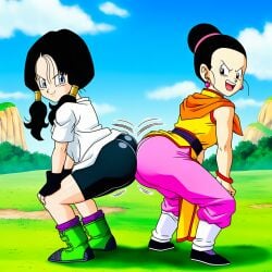 2girls age_difference ai_generated ass_to_ass black_hair black_shorts blue_eyes butt_to_butt chichi clothed dragon_ball dragon_ball_z hair_bun hands_on_knees light-skinned_female light-skinned_females light_skin mature mature_female motion_lines mouth_open novelai older_female older_female_and_younger_female open_mouth outdoors outside pigtails side_by_side smug smug_expression smug_face teenage_female teenage_girl teenager twerking videl white_shirt younger_male