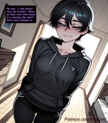 phanary patreon patreon_username patreon_link absurdres aesthetic ai_generated anime anime_style blurred_background comic comic_page comic_panel comic_strip cover_page dialogue digital_art digital_painting english high_quality highres line_art long_comic manga_style multiple_panels soft_shading speech_bubble 1girls 1girl 1female solo_focus big_breasts huge_breasts large_breasts big_ass large_ass bubble_butt bubble_ass thick curvy curvy_figure curvy_female curvy_body curvy_hips curvy_thighs sexy sexy_pose sexy_body sexy_female beautiful beautiful_girl beautiful_female cute cute_face slut bitch 2026 blush blushing blush_lines blushing_female text text_bubble text_box text_focus english_text english_dialogue khalys_(phanary) oc original original_character solo breasts looking_at_viewer smile short_hair blue_eyes black_hair long_sleeves hair_between_eyes medium_breasts standing collarbone parted_lips pants indoors hood window hoodie black_pants arms_behind_back hood_down naughty_face hands_in_pockets drawstring black_hoodie tomboy