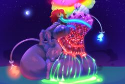 3:2 anthro balls big_balls big_breasts bodily_fluids breasts crescent_moon cum cum_inflation cum_inside duo egg_bulge excessive_cum excessive_genital_fluids female genital_fluids genitals hair hair_over_eye herm hi_res huge_balls huge_breasts humanoid hyper hyper_balls hyper_breasts hyper_genitalia inflation intersex intersex/female long_tongue maraith moon multi_arm multi_limb night novasuperstar pal_(species) palworld pocketpair sayah_natalya_usagi scar scars_all_over tongue tongue_around_penis unusual_bodily_fluids unusual_genital_fluids