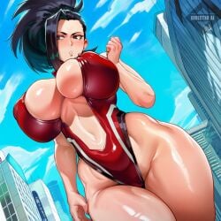 1girl 1girls ai_generated black_eyes black_hair blue_sky blush boku_no_hero_academia breasts building center_opening city cleavage cloud covered_nipples curvy day directxrai female female_only hair_pulled_back hand_up high_ponytail highleg highleg_leotard huge_breasts leotard light-skinned_female long_hair looking_at_viewer my_hero_academia navel outdoors parted_lips ponytail red_leotard shiny_skin sky skyscraper solo standing thick_thighs thighs wide_hips yaoyorozu_momo