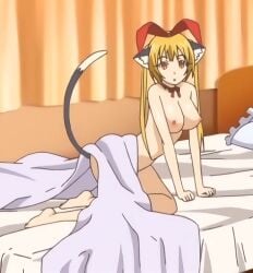 kuri_(anejiru) anejiru moe cute cat_ears cat_tail catgirl cat_humanoid cat_girl cute_female cute_girl blonde_hair blonde_female blonde-haired_female red_bow red_bowtie black_fur neko nekomimi 2010s_(style) 2010s 2010 t-rex_(animation_studio) hazel_eyes breasts nude nipples nude_female titties bed_sheet bedroom cute_expression cute_face cute_eyes cute_pose pretty_girl neko_ears neko_girl neko_tail