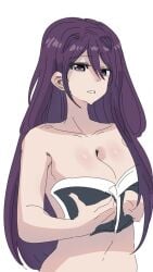 woomikon yuri_(doki_doki_literature_club) doki_doki_literature_club ouch_meme meme meme_reference book book_covering_breasts covering covering_breasts big_breasts breasts female_only solo solo_female 1girls female nude nude_female purple_eyes purple_hair long_hair matching_hair/eyes
