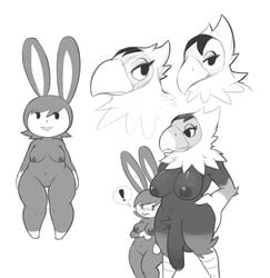 ! aintsmart amelia_(animal_crossing) animal_crossing anthro avian beak big_penis breasts carmen_(animal_crossing) dickgirl duo female front_view greyscale intersex lagomorph mammal monochrome nintendo nipples nude penis pussy simple_background size_difference white_background