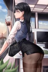 1girl anger_vein ass bag bangs black_hair black_skirt blue_eyes blue_sky blush cloud coffee collared_shirt cowboy_shot cup day earrings eyebrows_visible_through_hair from_behind from_side handbag holding holding_cup indoors jewelry leaning_forward long_hair long_sleeves looking_at_viewer looking_back miniskirt mole mole_under_eye nail_polish office_lady open_mouth original pantyhose parted_lips pencil_skirt profile shirt shoulder_bag skirt sky solo standing sweater_vest thighband_pantyhose thighs vest white_shirt window