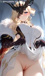 shineinsfw signora_(genshin_impact) artist:shineinsfw genshin_impact ai_generated front_view low_angle skirt_lift dress_lift bottomless topless_clothed exposed_breasts large_breasts pussy blonde_hair blue_eyes mask headpiece gloves solo shiny_skin
