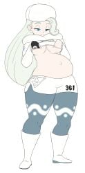 1girls almeram02 belly big_belly big_breasts breasts female mature_female melony_(pokemon) milf mother outie_navel pokemon pregnant shirt_lift solo underboob