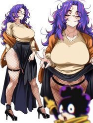 1boy 1girl absurdres big_breasts black_shoes black_skirt blurry blurry_foreground boku_no_hero_academia breasts closed_mouth collarbone commentary_request convenient_censoring fishnets glasses highres kaina_tsutsumi lady_nagant large_breasts long_hair looking_at_viewer mineta_minoru multicolored_hair multiple_views my_hero_academia one_eye_closed purple_hair round_eyewear scar scar_across_eye scar_on_face scar_on_neck scars shoes simple_background skirt smile spanish_commentary standing thigh_strap two-tone_hair vlizz white_background