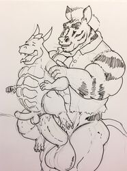 anal anal_sex balls belly big_balls big_penis bottomless chubby clothed clothing cum cum_in_ass cum_inside dracorex dragon duo equine excessive_cum fangs half-dressed inflation looking_pleasured male mammal muscular penetration penis rangarig_rex scalie tongue tongue_out uniparasite yaoi zebra