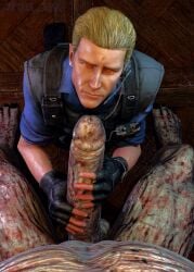 nemesis_(resident_evil) albert_wesker resident_evil captain_bsaa 2boys male/male male_only pov looking_at_viewer gay yaoi jerking jerkingoff jerking_off masturbation gloves clothed erect erection erect_penis erect_cock erect_dick monster monster_fucker monsterfucker red_eyes 3d 3d_(artwork) seated kneeling tagme