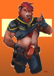 1boy anthro balls bear beard biceps body_hair brown_fur chest_hair claws clothing daskun erection facial_hair facial_piercing fur genital_piercing hair heart looking_at_viewer male male_only mammal messy_hair nipple_piercing nipples nose_piercing orange_background penis piercing pinup police police_uniform pose pubes red_hair rootbear shirt shirt_lift simple_background solo uniform