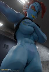 3d_(artwork) 5_fingers abs absurd_res animal_humanoid aquatic aquatic_humanoid artist_name athletic athletic_female athletic_humanoid big_breasts blue_body blue_skin bottomless breasts clothed clothing covering covering_breasts digital_media_(artwork) eye_patch eyewear female fingers fish fish_humanoid genitals hair hi_res humanoid inside low-angle_view nipples non-mammal_breasts non-mammal_nipples ponytail pupils raised_clothing raised_topwear red_hair sharp_teeth slit_pupils standing teeth text topwear undertale_(series) undyne url vulva yamimarik1994 yellow_sclera
