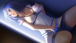 blue_eyes blue_hair blue_panties bow bow_panties clothed_masturbation clothing covered_nipples drooling female fesuta frilled_panties frills game_cg hand_in_panties hidden highres light looking_back masturbation ooba_otoha open_mouth panties peeping pussy_juice secret see-through see-through_clothing self_fondle shimai_to_nau short_hair shorts shorts_pull sitting solo stealth_masturbation sweat takanashi-a underwear