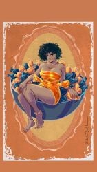 brian_shearer thick thick_thighs dress toes toes_spread feet barefoot dark_skin dark-skinned_female candy candy_wrapper candy_corn big_breasts breasts huge_breasts large_breasts legs bare_legs bare_shoulders cleavage cleavage_overflow