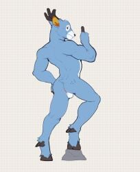 absurd_res animal_crossing antlers backsack balls bam_(animal_crossing) blue_body blue_fur butt deer fur genitals gesture hand_gesture hi_res hooves horn jrjresq male mammal nintendo rear_view solo_focus tail tail_tuft thumbs_up tuft